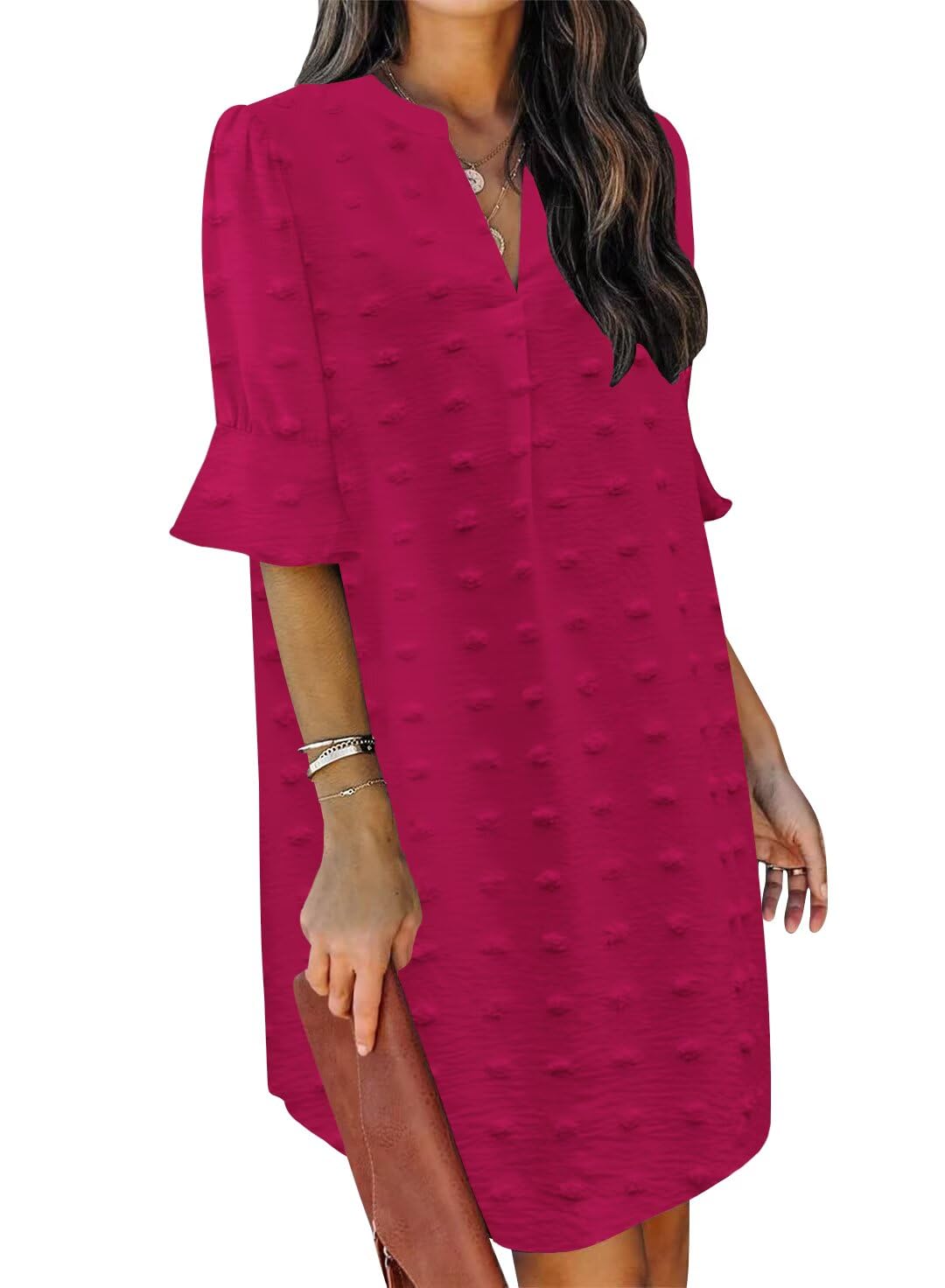 QACOHU Womens Spring Summer Short Sleeve V Neck Mini Dress Chiffon Swiss Dot Flowy Short Dress Rose L