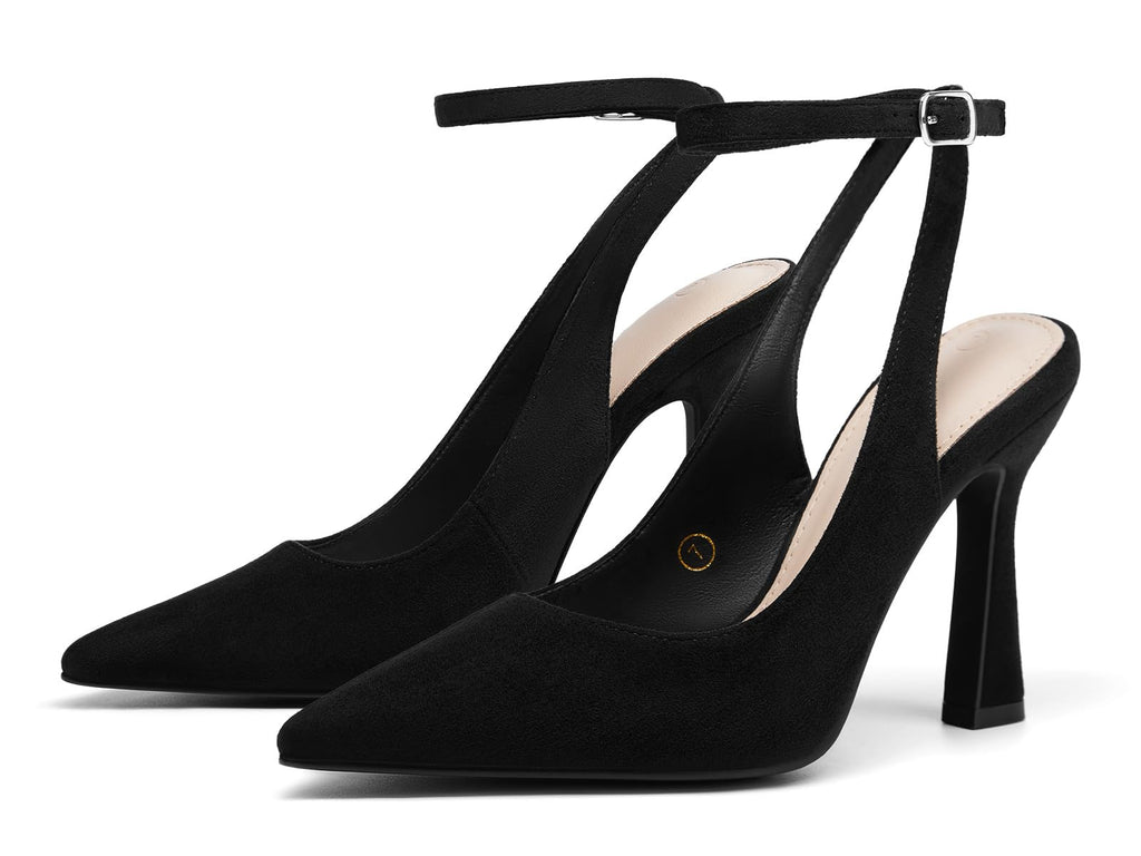Coutgo Womens Closed Toe High Heels Slingback Pointed Toe Pumps Ankle Strap Dress Shoes, Suede Black, Size 8