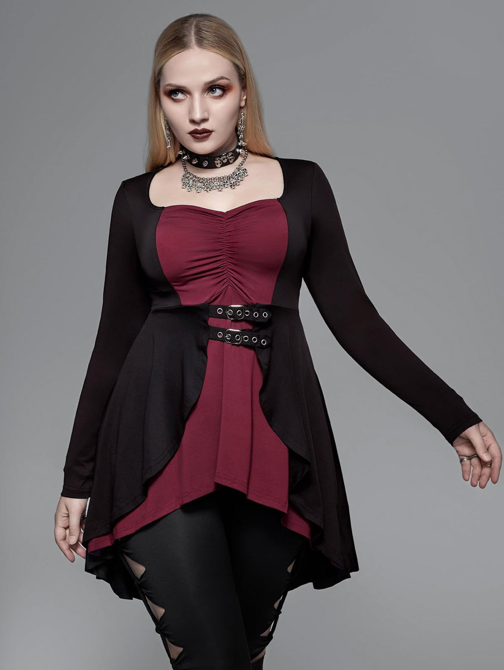 ROSE GAL Womens Plus Size Gothic Lace-up Back Two Tone Ruched Grommets Buckle Long Sleeve High Low Hem Tunic T-Shirt(Red_1/1X)