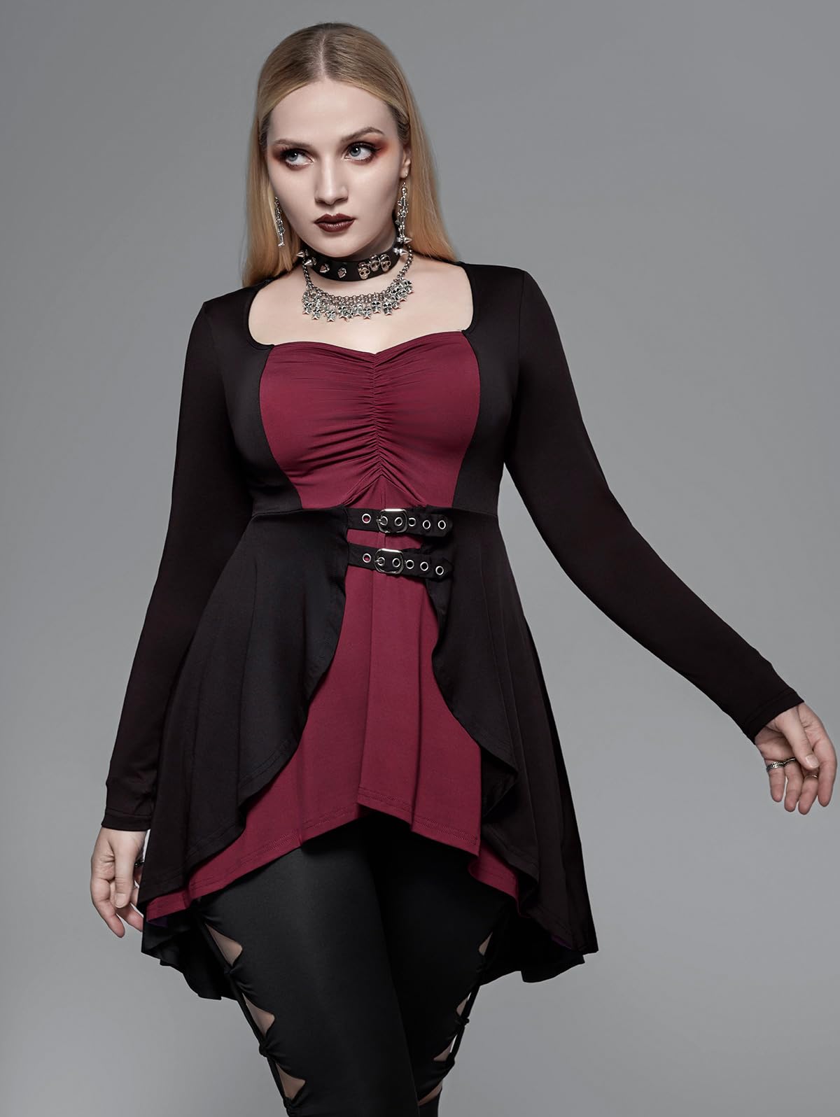 ROSE GAL Womens Plus Size Gothic Lace-up Back Two Tone Ruched Grommets Buckle Long Sleeve High Low Hem Tunic T-Shirt(Red_1/1X)
