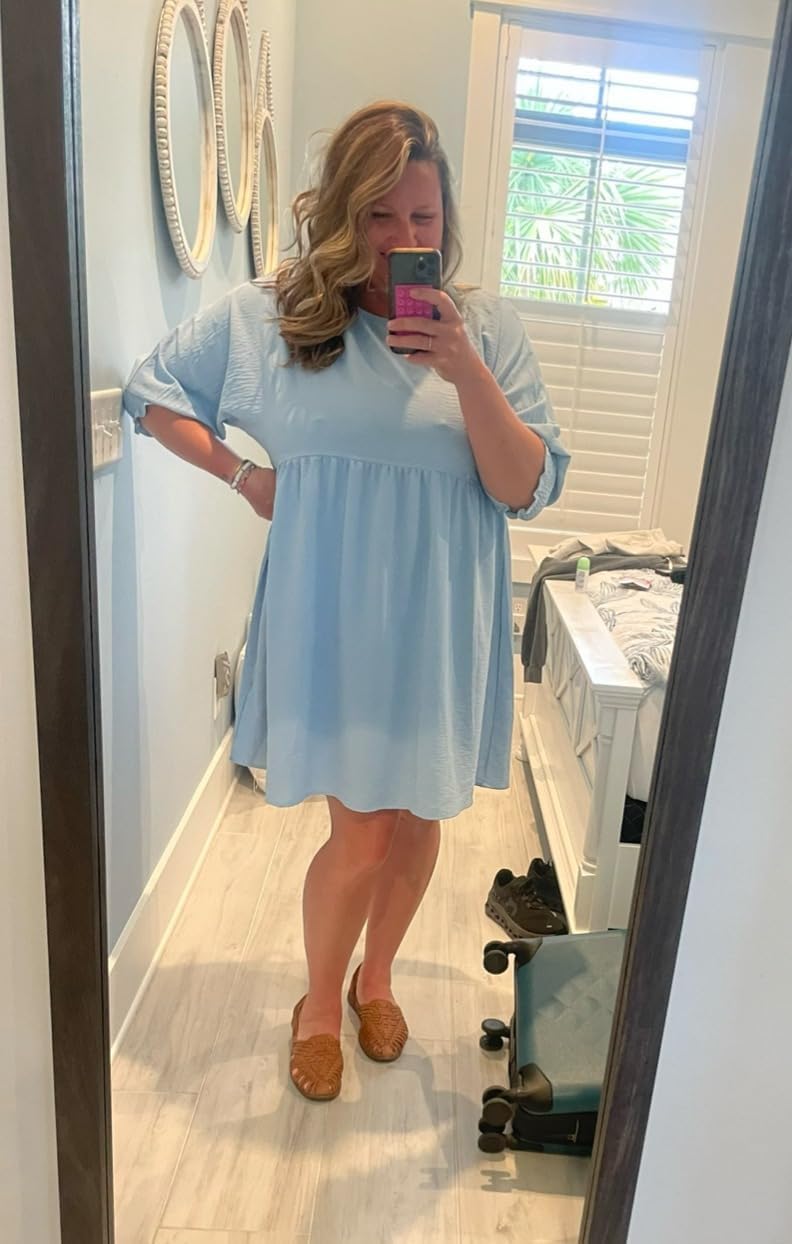 Dokotoo Womens Plus Size Summer Spring Dresses for Women Empire Waist Cute Tunic Babydoll Dress Casual Short Sleeve Flowy Western Cowgirl Country Shirt Dress Church Sky Blue Easter Dresses for Women S
