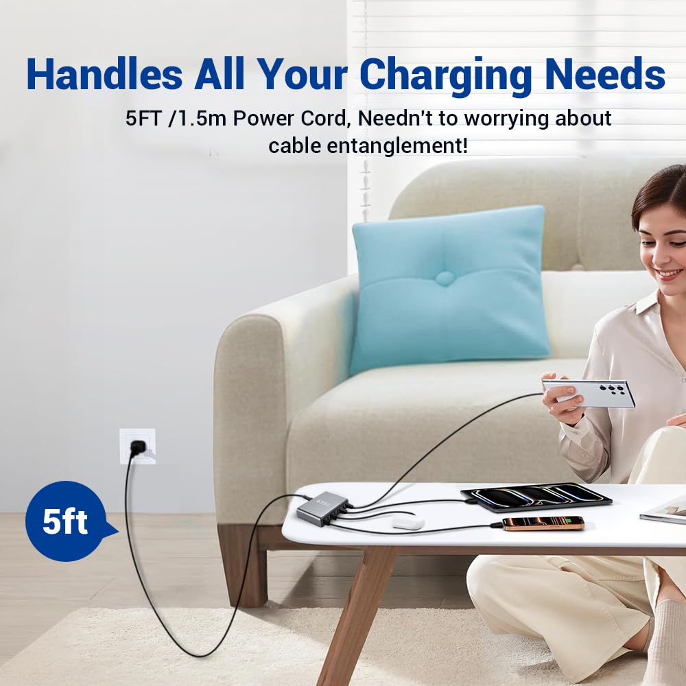 SquareWiz 635W GaN Super Fast Charging Station for Multiple Devices,8 Port USB C Charger Stations for iPhone,iPad,MacBook,Tablet,Android Cell Phone,Type C 200W Desktop Multi-Device Charging Hub Block