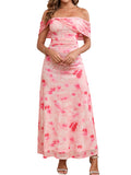 KUTUMAI Women Floral Off Shoulder Maxi Dress Summer Ruched Bodycon Long Formal Wedding Guest Dresses 2026 PinkWhiteF M