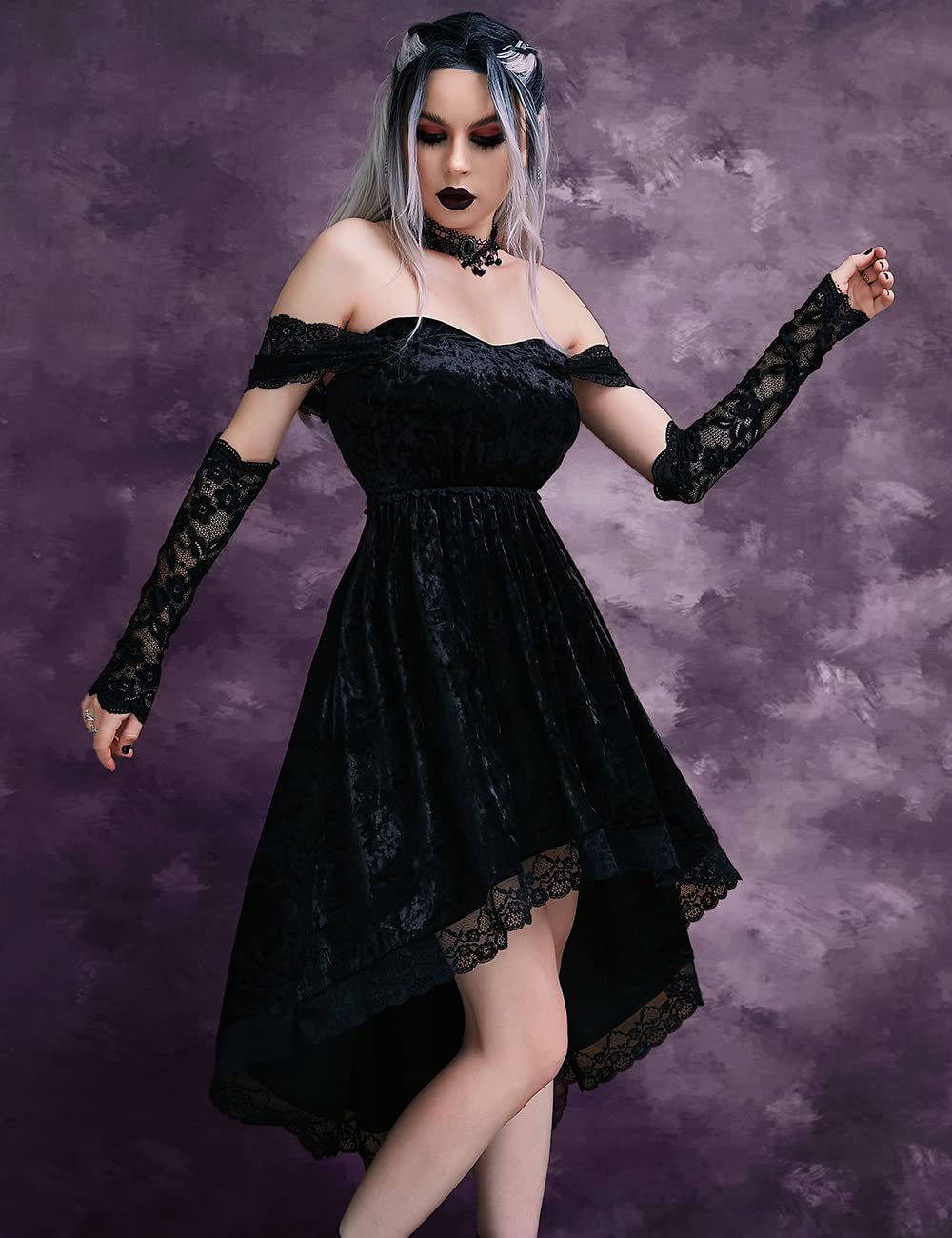 LANSHULAN Gothic Clothes Dress,Lace Mini Sleeveless Lace Draped Bodycon Goth Vintage Dresses Without Gloves Black