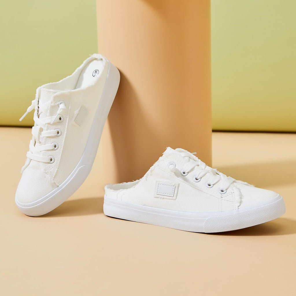 BENPAO Womens Canvas Mules White Slip on Fashion Sneakers Black Loafers Comfortable Casual Shoes for Women(White,US5.5)
