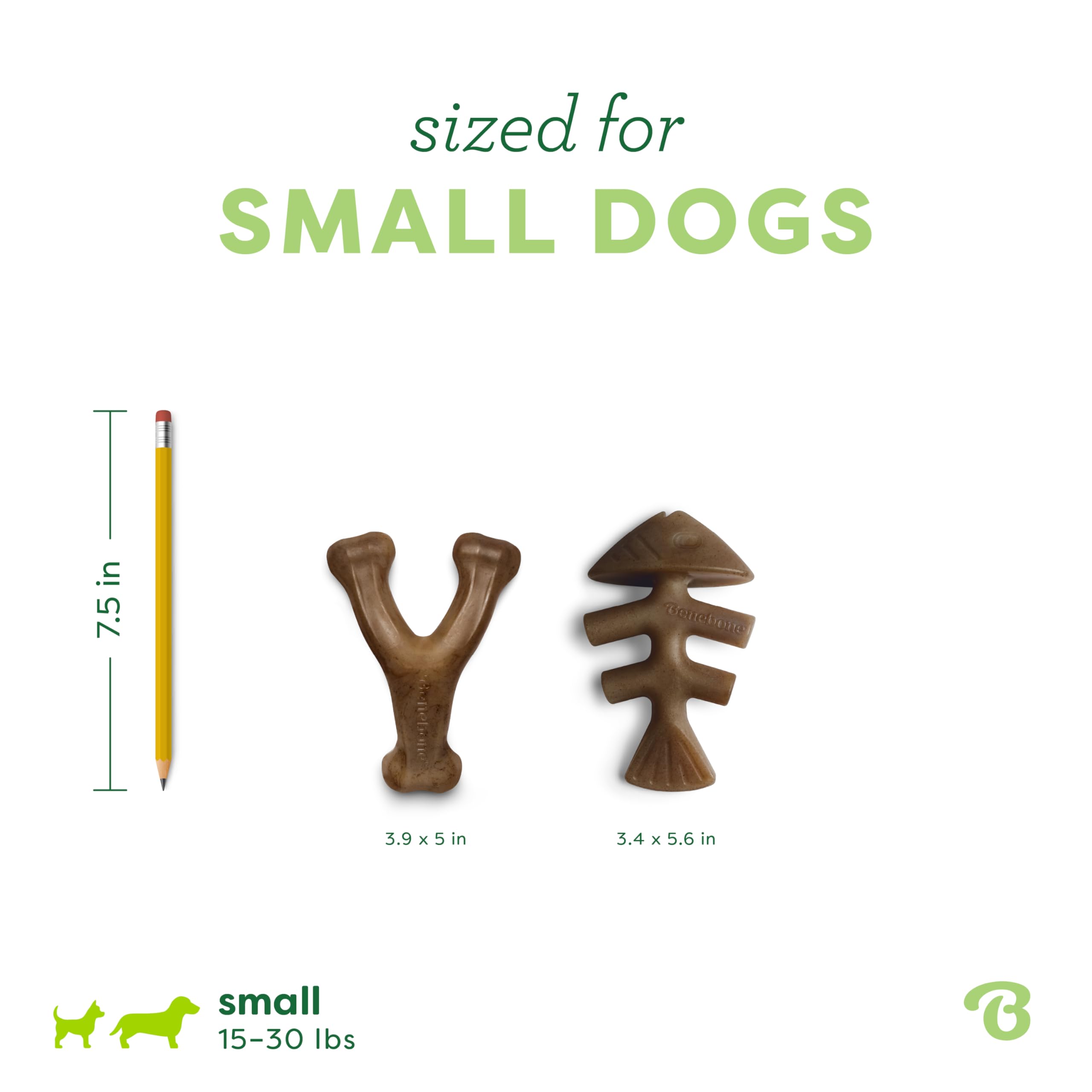 Benebone 2-pack Fishbone/Wishbone Durable Dog Chew Toys, Real Fish, Real Bacon, Made in USA, Small