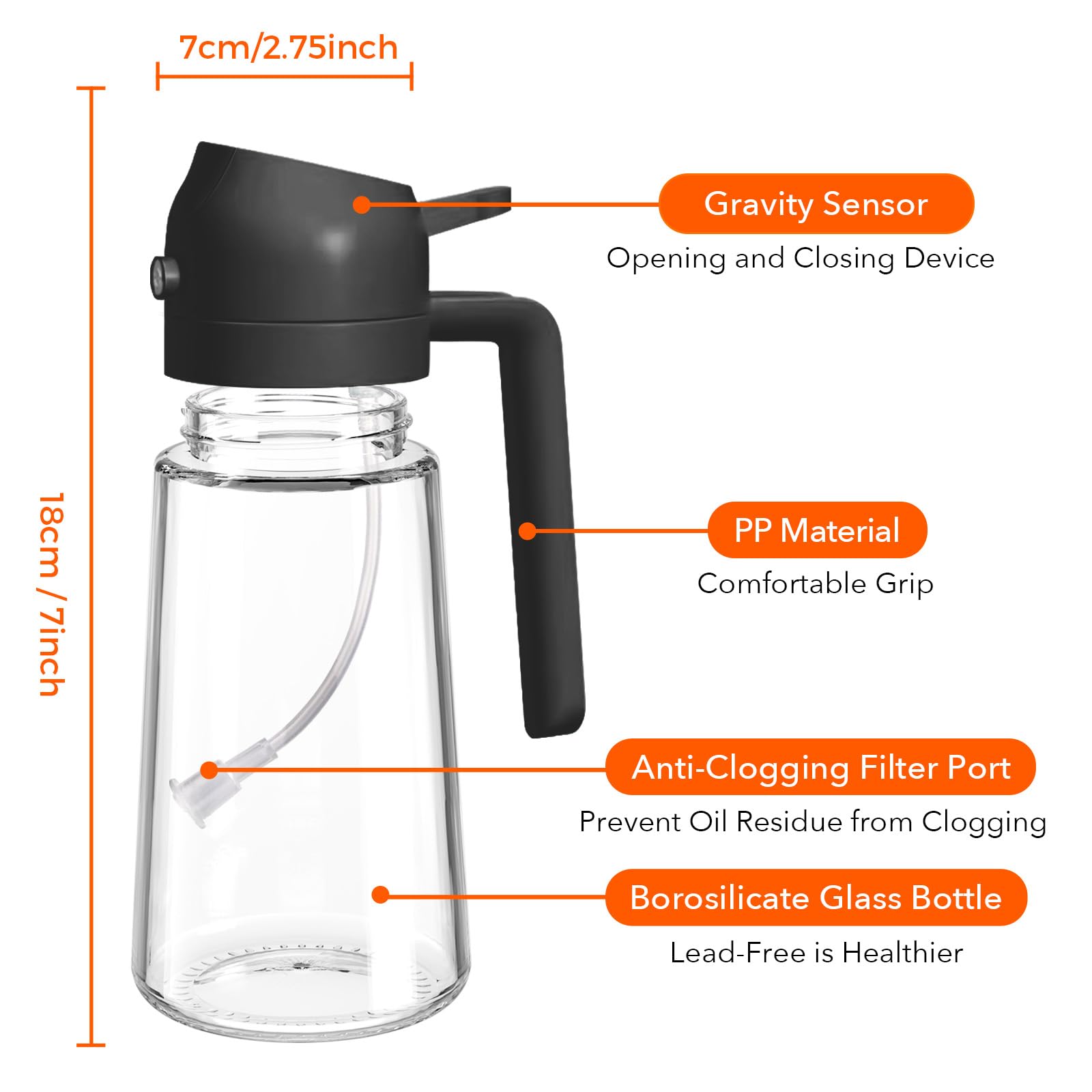 YARRAMATE 16oz/470ml Glass Olive Oil Sprayer for Cooking with Stickers, 2 in 1 Oil Dispenser for Kitchen Gadgets, Food Grade Premium Spray Bottle with Portion Control for Salad, Frying, BBQ (Black)