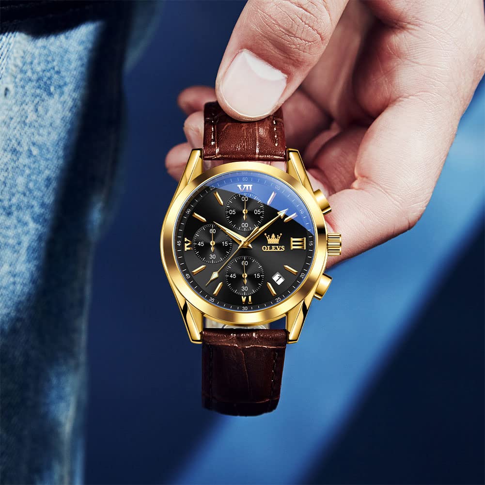 OLEVS Men's Round Watches with Leather Band Auto Date Quartz Watches for Men Black Dial Roman Number Men's Chronograph Watch Rose Gold Bezel Three Hands Classic Mens Sports Wristwatch Reloj De Hombre