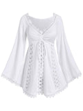 ROSE GAL Women Plus Size Renaissance Peasant Blouses Lace Trim Hollow Out Cinched Bell Trumpet Sleeves Pirate Costume Top Medieval Victorian Costume(White_1/1X)