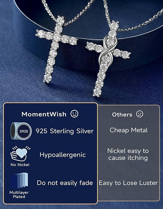 MomentWish Cross Necklace, Christian Gifts for Women, 1.2 Carat Moissanite Cross Pendant, 925 Sterling Silver Necklaces Religious Anniversary Birthday Gifts for Women-Classic