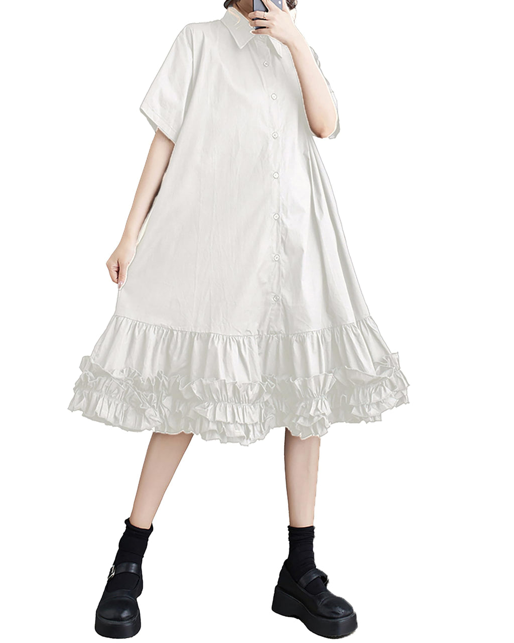 ellazhu Women's Shirt Dress Button Down Lapel Short Sleeve Ruffle Hem Oversize Loose Casual Solid GZ183 A, White, Small-X-Large