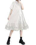 ellazhu Women's Shirt Dress Button Down Lapel Short Sleeve Ruffle Hem Oversize Loose Casual Solid GZ183 A, White, Small-X-Large