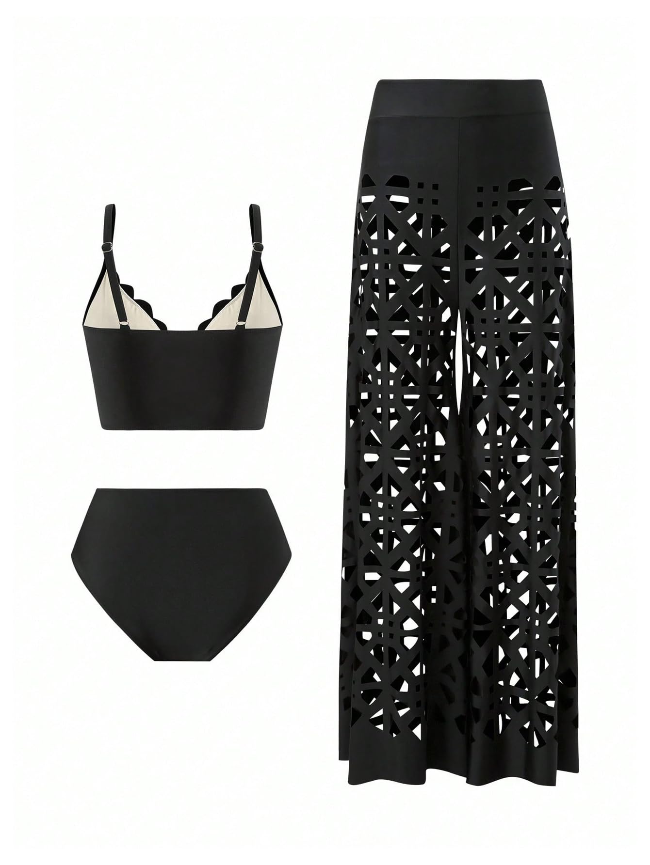 WDIRARA Women's 3 Piece Swimsuit Hollow Out Bikini Set with Cover Up Pants Black X-Large