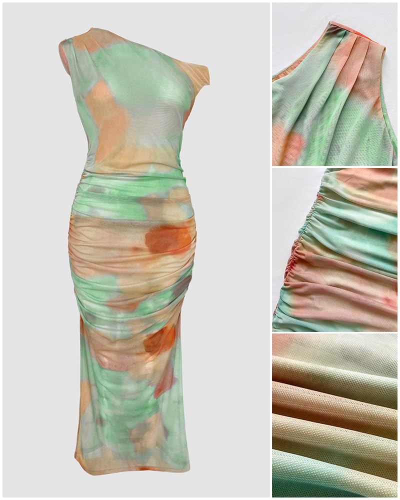 CHICME Women One Shoulder Midi Dress Ruched Summer Mesh Bodycon Dress Tie-dye Print Cocktail Dresses Wedding Guest Vacation-mu-M Multicolor
