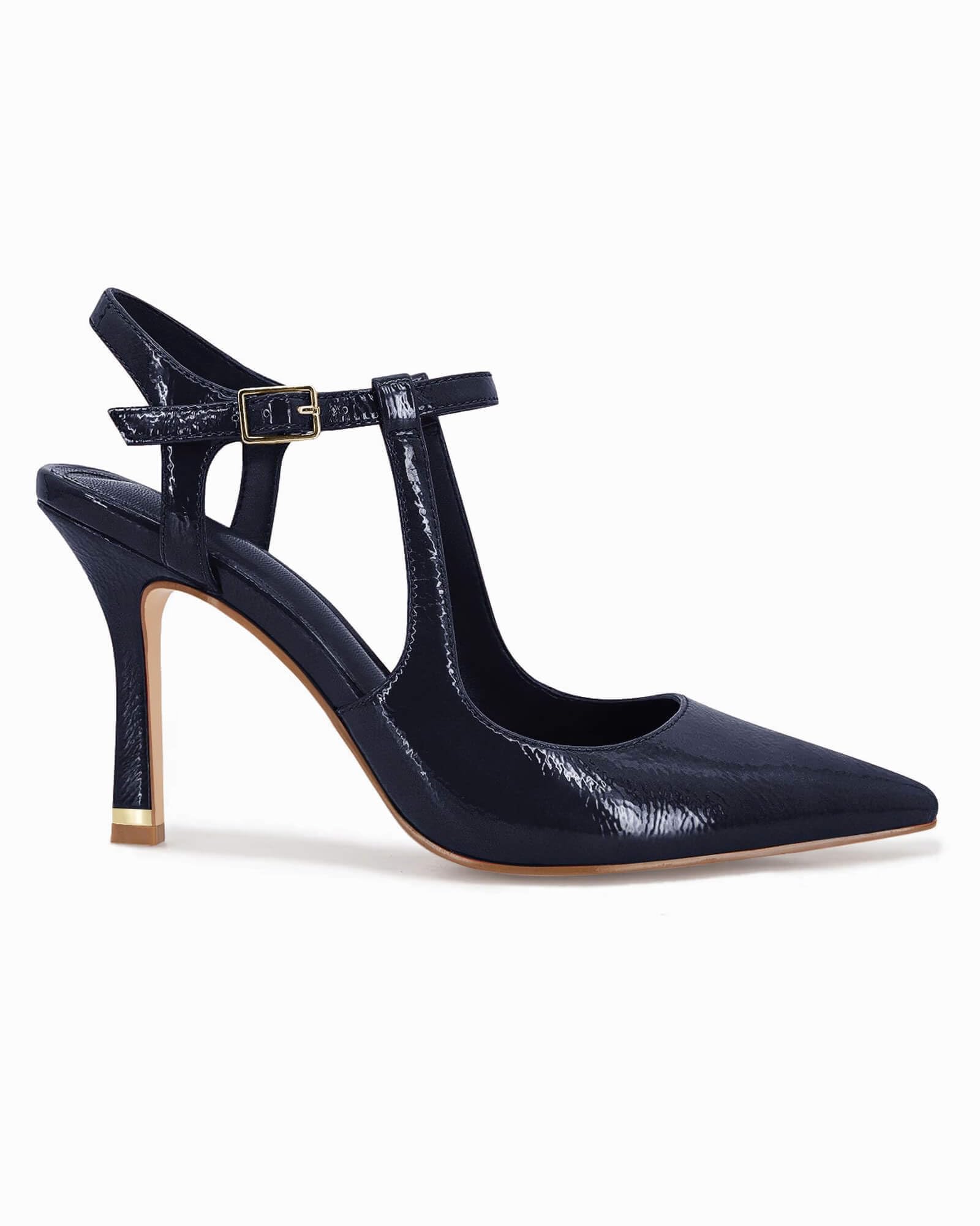 Coutgo Womens High Heels Pointed Toe Ankle Strap Pumps Patent Leather Sexy Stiletto Office Wedding Dress Shoes, Navy, Size 9.5