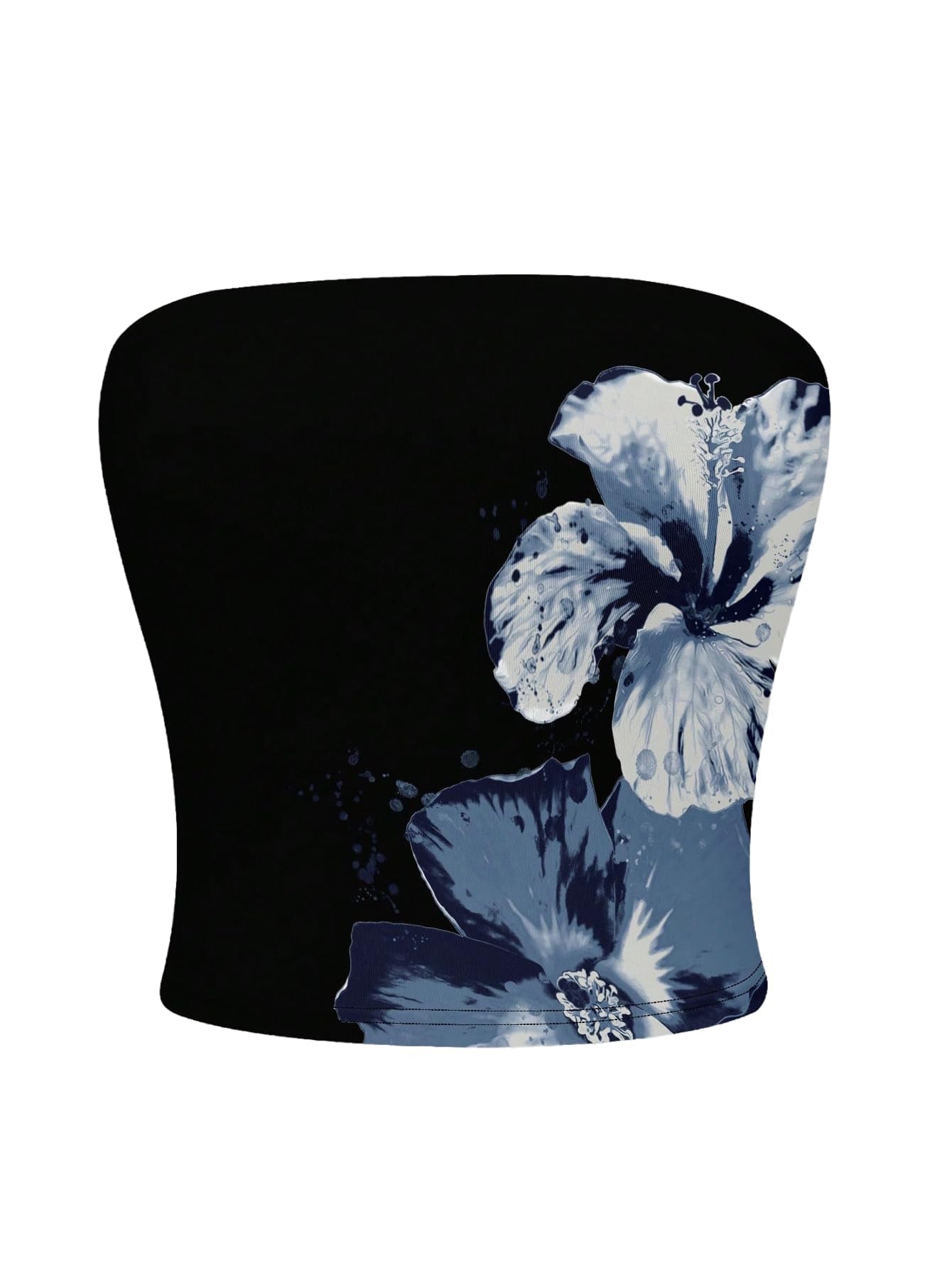 WDIRARA Women's Floral Print Strapless Crop Tube Tops Slim Fit Summer Causal Bandeau Top Black Blue X-Small