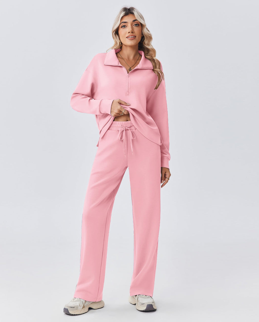 PINSPARK 2 Piece Sets for Women Casual Matching Sweatsuits Pullover Sweatshirt Drawstring Pants with 2 Pockets Zipper Up Lounget Set Trecthy Tracksuit Fall Travel Outfits 2025, Pink M