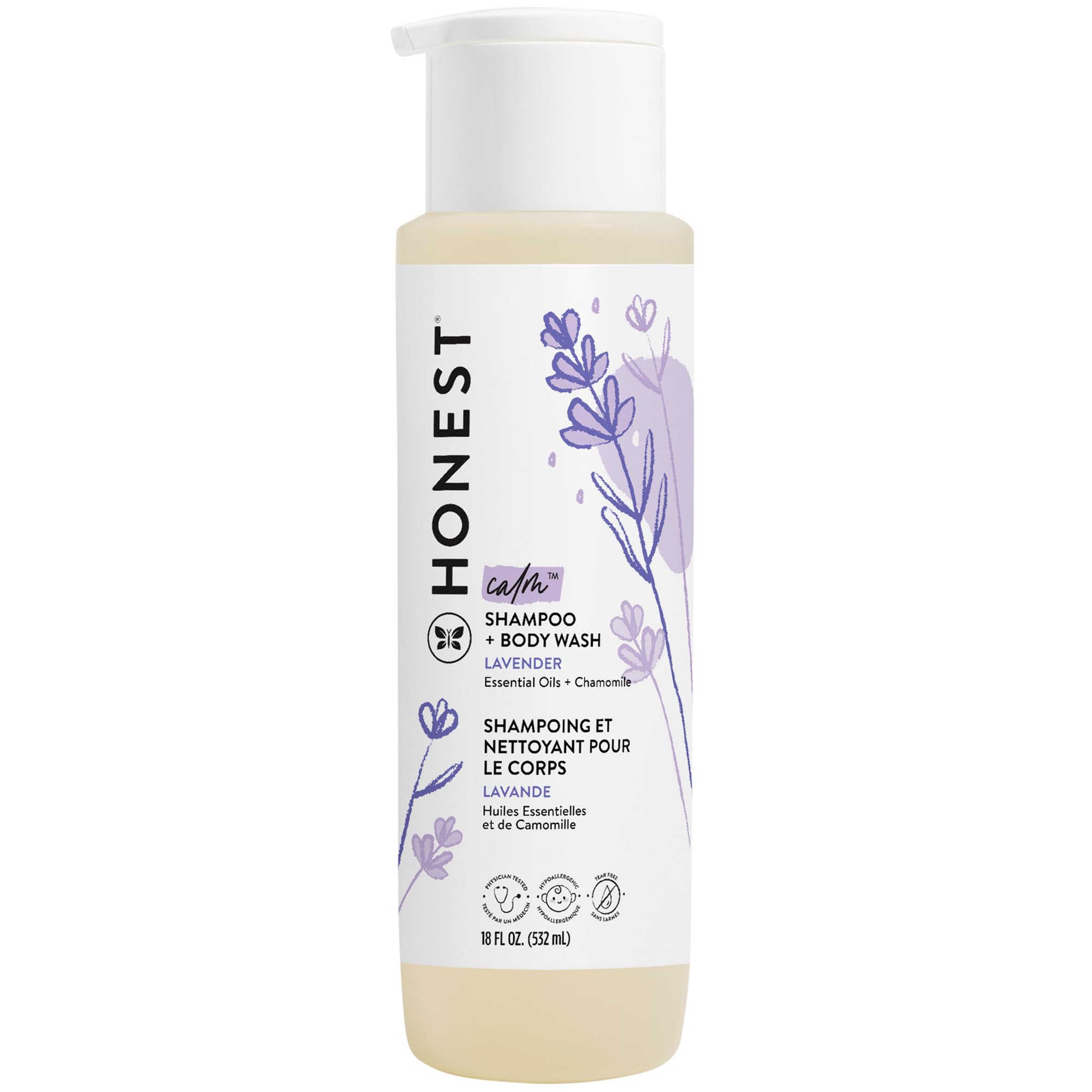 The Honest Company 2-in-1 Cleansing Shampoo Body Wash Gentle for Baby, Naturally Derived, Tear-free, Hypoallergenic, Lavender Calm, 18 fl oz