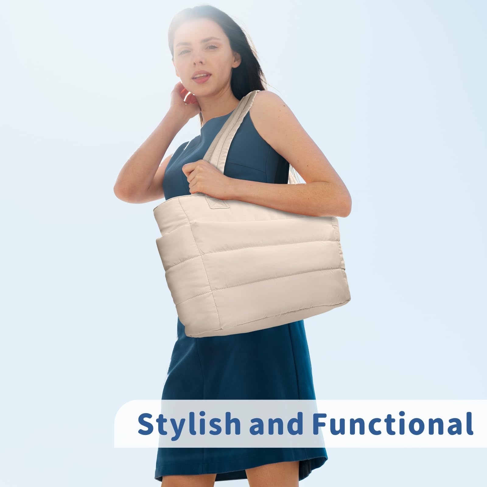 TOPDesign Puffer Tote Bag for Women, Lightweight Puffy Handbag with Compartments & Cosmetic Bag, Quilted Shoulder Bags for Work, Travel, Gym, Gifting (L Beige)