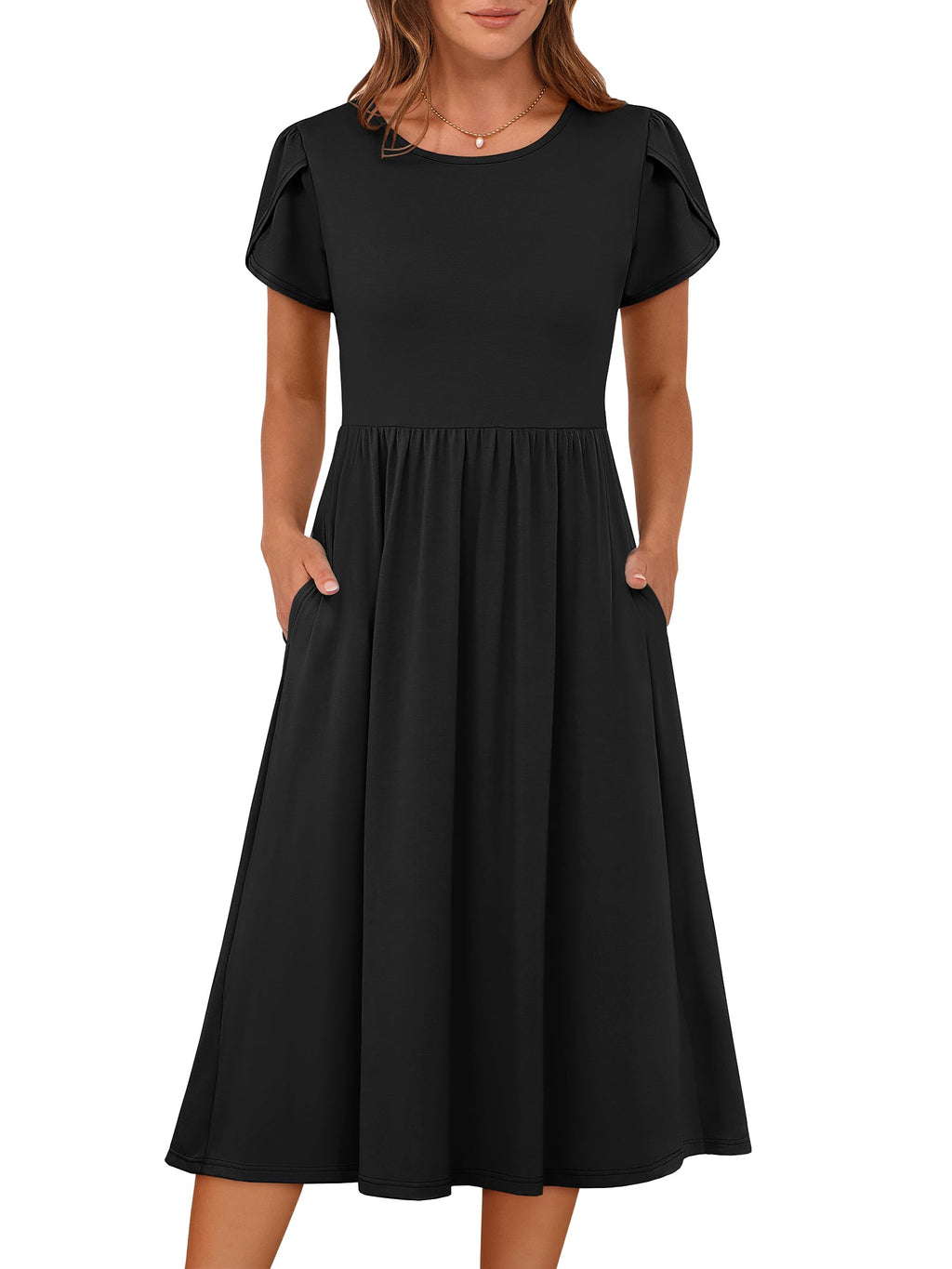 ANRABESS Women's Summer Short Sleeve A-Line Midi Dresses Casual Floral T-Shirt Dresses Flowy Beach Sundress with Pockets Black X-Large