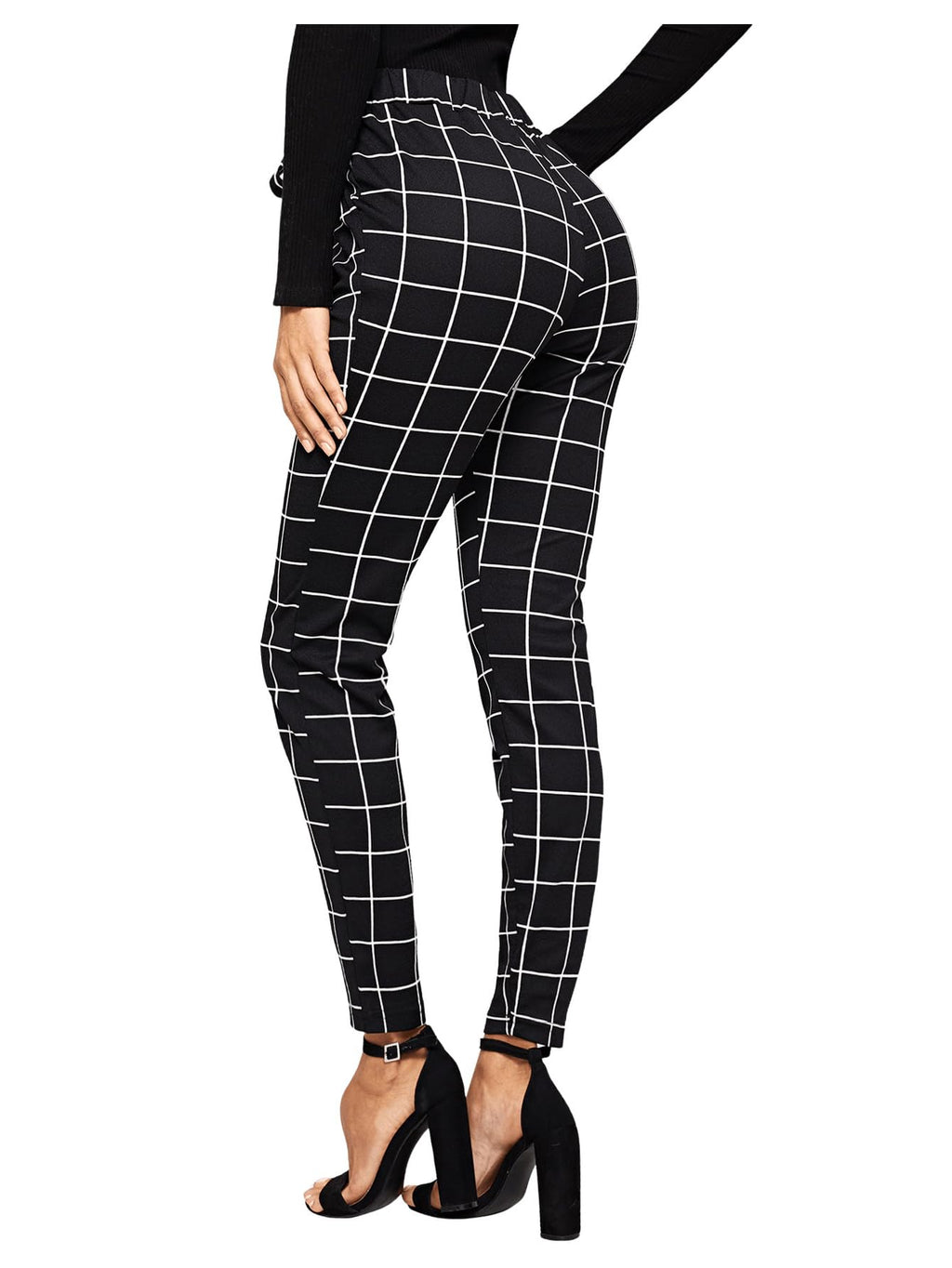 WDIRARA Women's Stretchy Plaid Print Pants Soft Skinny Regular Fashion Leggings Black XL