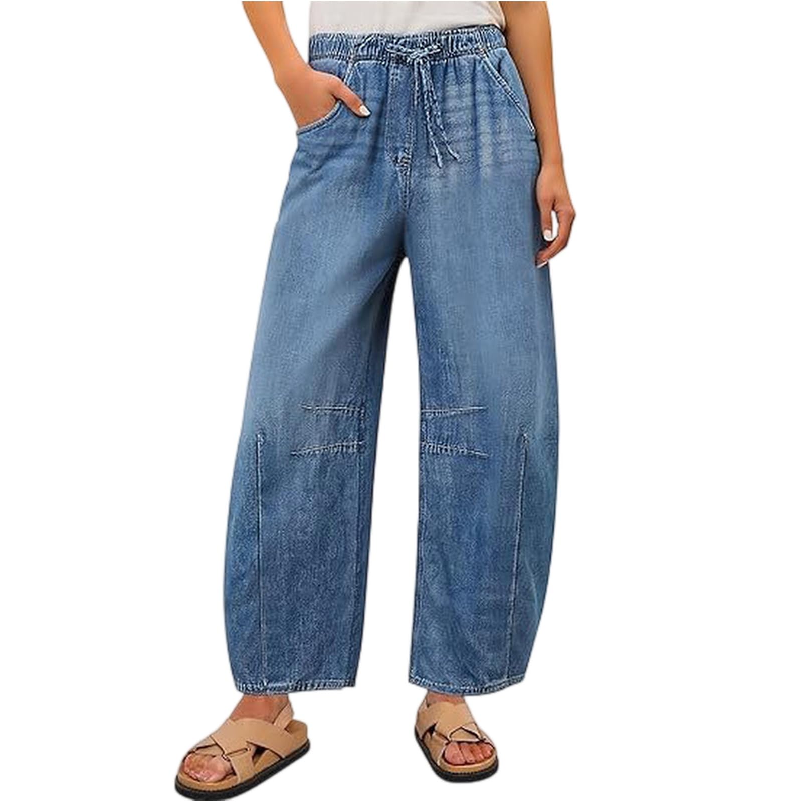 BEIBEINOYA Stretchy Jeans for Women Women Barrel High Waisted Wide Leg Drawstring Denim Pants Y2k Baggy Loose Fit Trouser Jeans with Pockets Pantalones para Mujer Wide Leg Pants(Light Blue,Large)