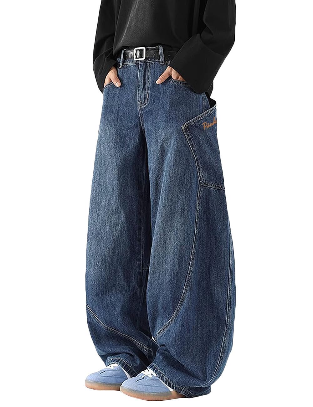 Nutriangee Men's Baggy Barrel Wide Leg Jeans for Men Women Loose Fit Streetwear Y2k Hip Hop Denim Pants, Blue 166, 30