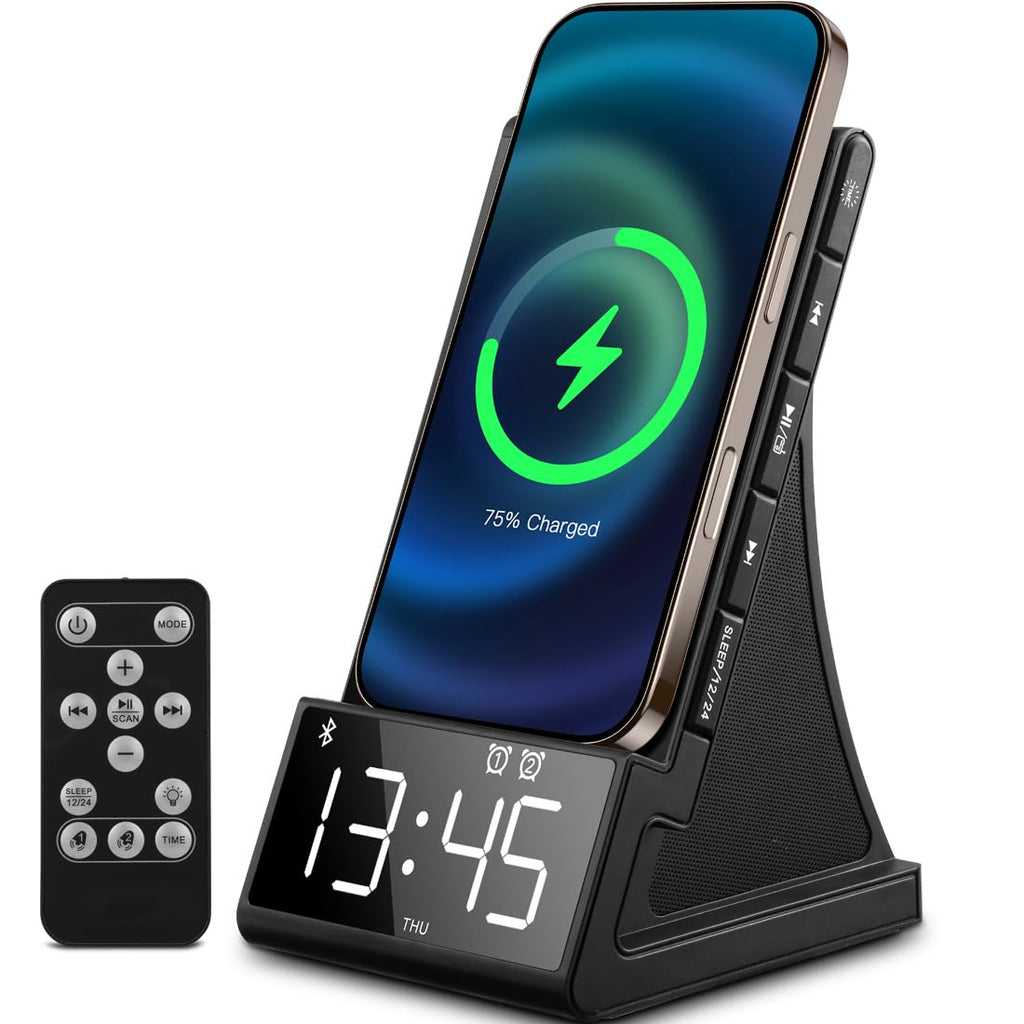 dpnao 8-in-1 Wireless Charging Station with Bluetooth Speaker, Alarm Clock,FM Radio,Remote Control,Fast Charging Dock Compatible with iPhone 17/16/15/14, Samsung S25/S24,Android Phones