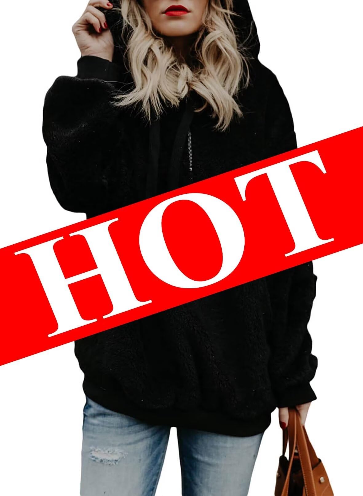 Acelitt Women's Winter Plus Size Zip Fuzzy Sherpa Sweatshirt Long Sleeve Fashion Loose Fleece Casual Hoodies Jackets Pullovers Sweater Black XXL