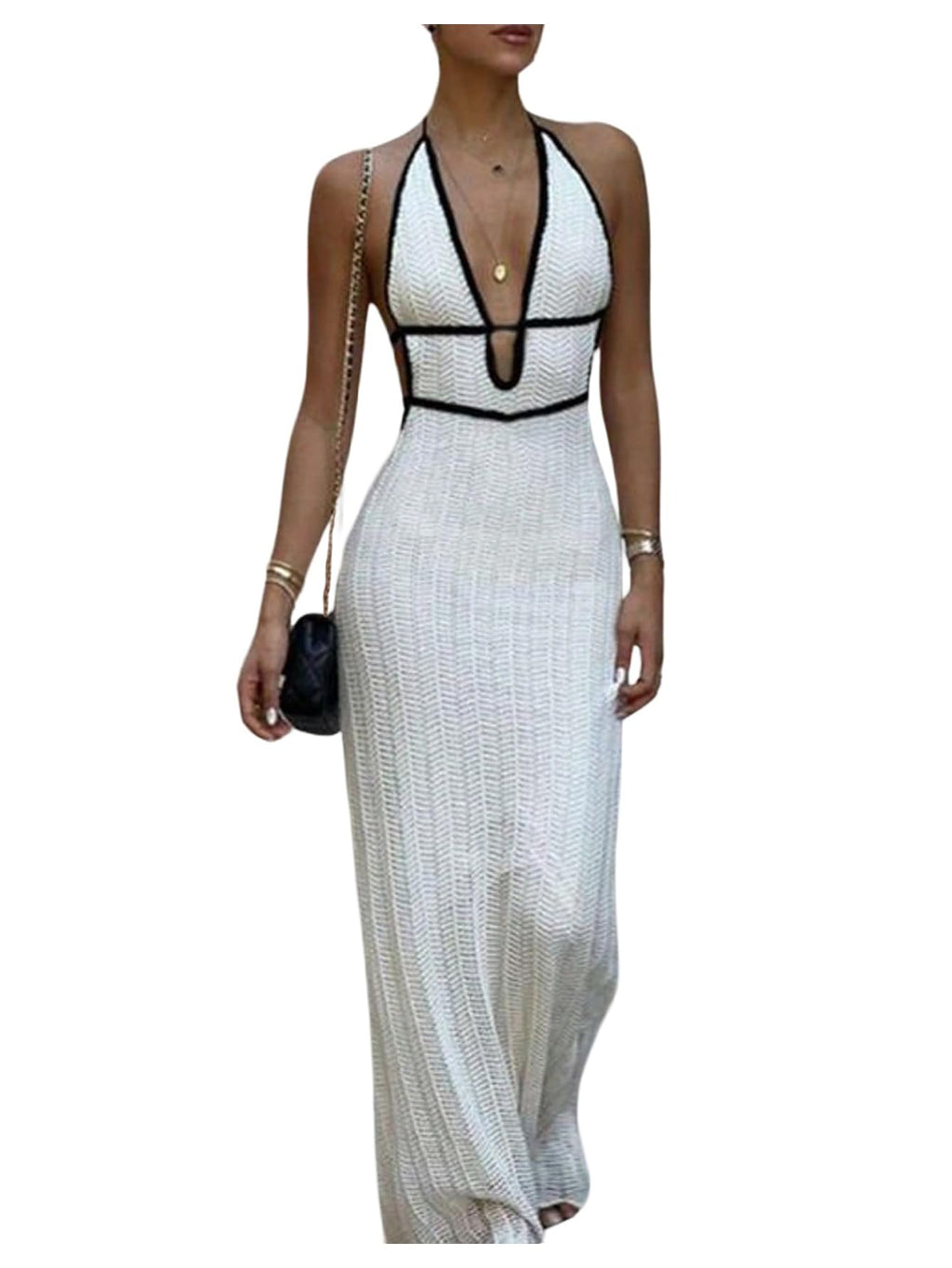 GORGLITTER Women's Deep V Halter Knit Boho Maxi Dress Backless Crochet Birthday Fall Wedding Guest Long Dresses White Small