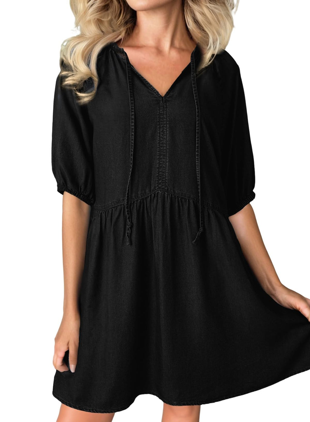 Dokotoo Summer Dresses for Women 2026 Casual Spring Puff Short Sleeve Babydoll Denim Dress Womens Ladies Cute V Neck Fashion Outfits Mini Jean Dresses Black Large