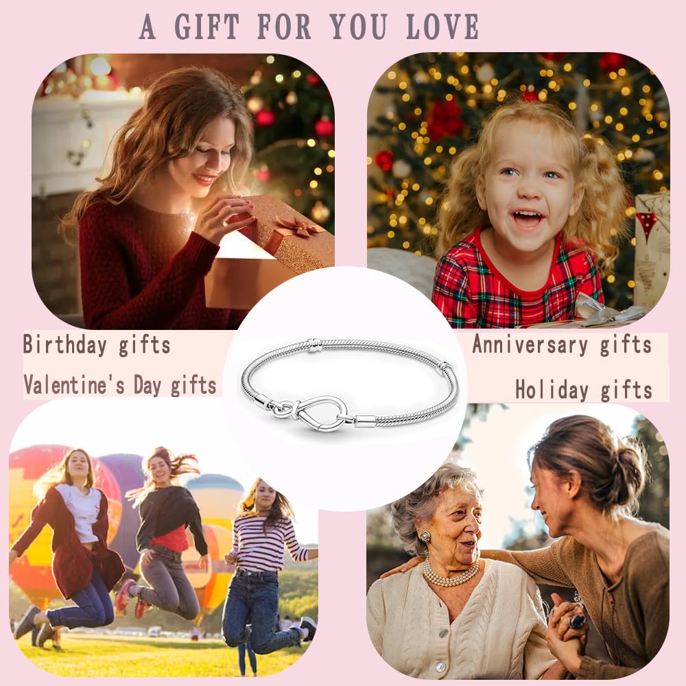 LNQOBU 925 Sterling Silver Snake Chain Bracelet Glossy Women Charm Bracelets for Mother's Day Gift(With one Spacer Beads)