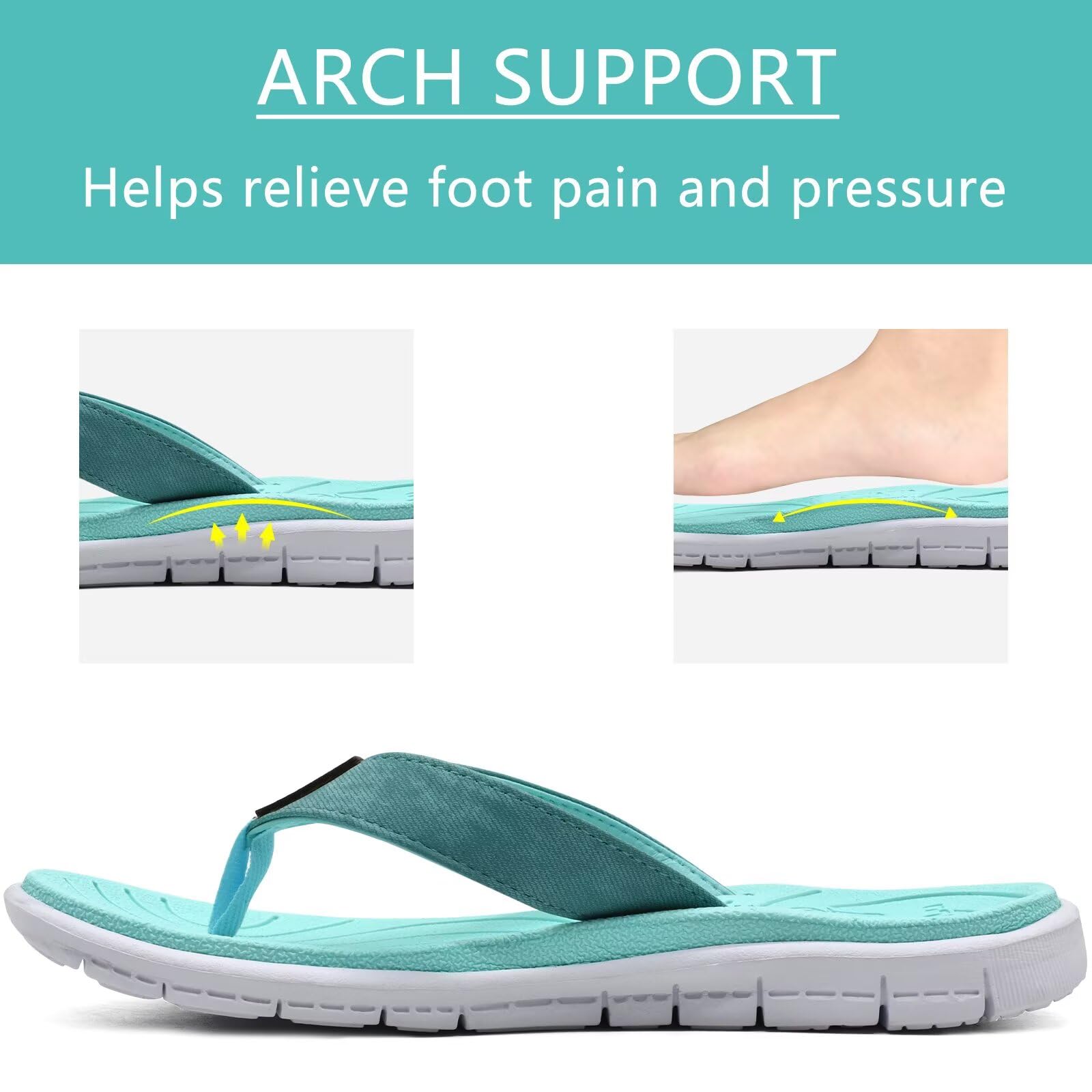 KuaiLu Casual Flip Flops for Women Comfortable Yoga Mat Arch Support Cushion Leather Slides Summer Beach Pool Outfits Flats Walking Thong Sandals Travel Essentials Orthotic Shoes Lake Blue Size 8