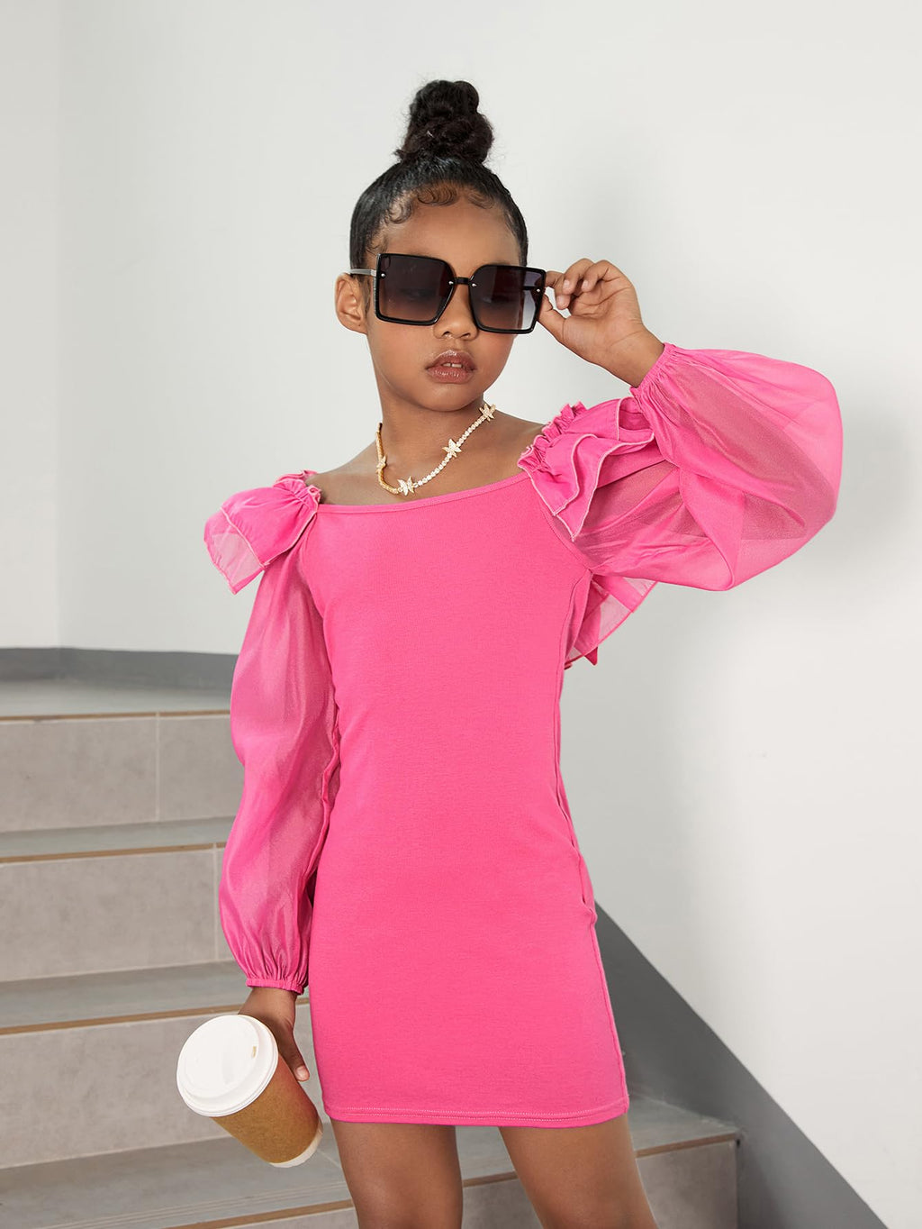 WDIRARA Girl's Mesh Ruffle Trim Layered Tie Back Lantern Sleeve Pencil Mini Dress Hot Pink 8Y