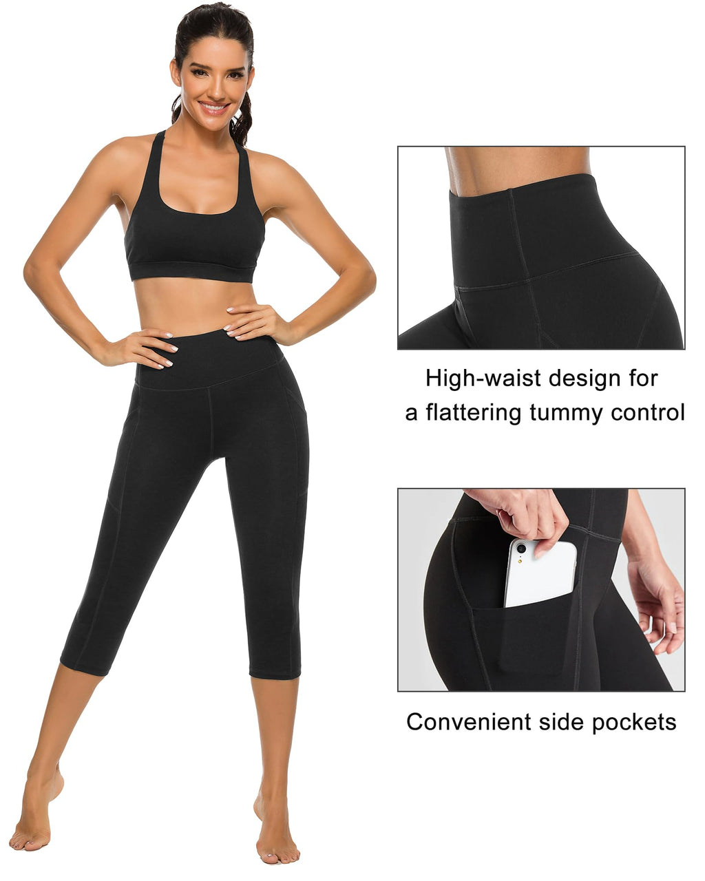 Stelle Womens High Waisted Legging Yoga Pants with Pockets for Workout(Black,L)