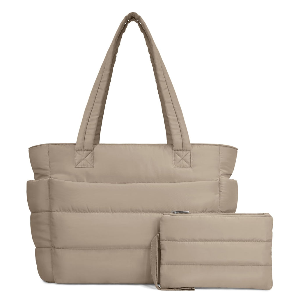 TOPDesign Puffer Tote Bag for Women, Lightweight Puffy Handbag with Compartments & Cosmetic Bag, Quilted Shoulder Bags for Work, Travel, Gym, Gifting (M Camel)