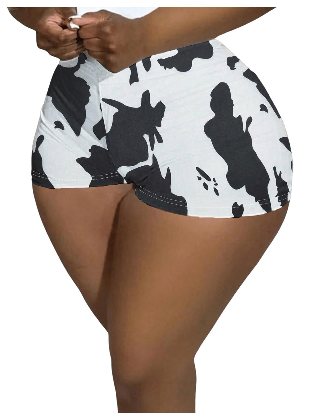 WDIRARA Women's Cow Print Elastic High Waist Shorts Stretch Skinny Shorts Black and White Medium