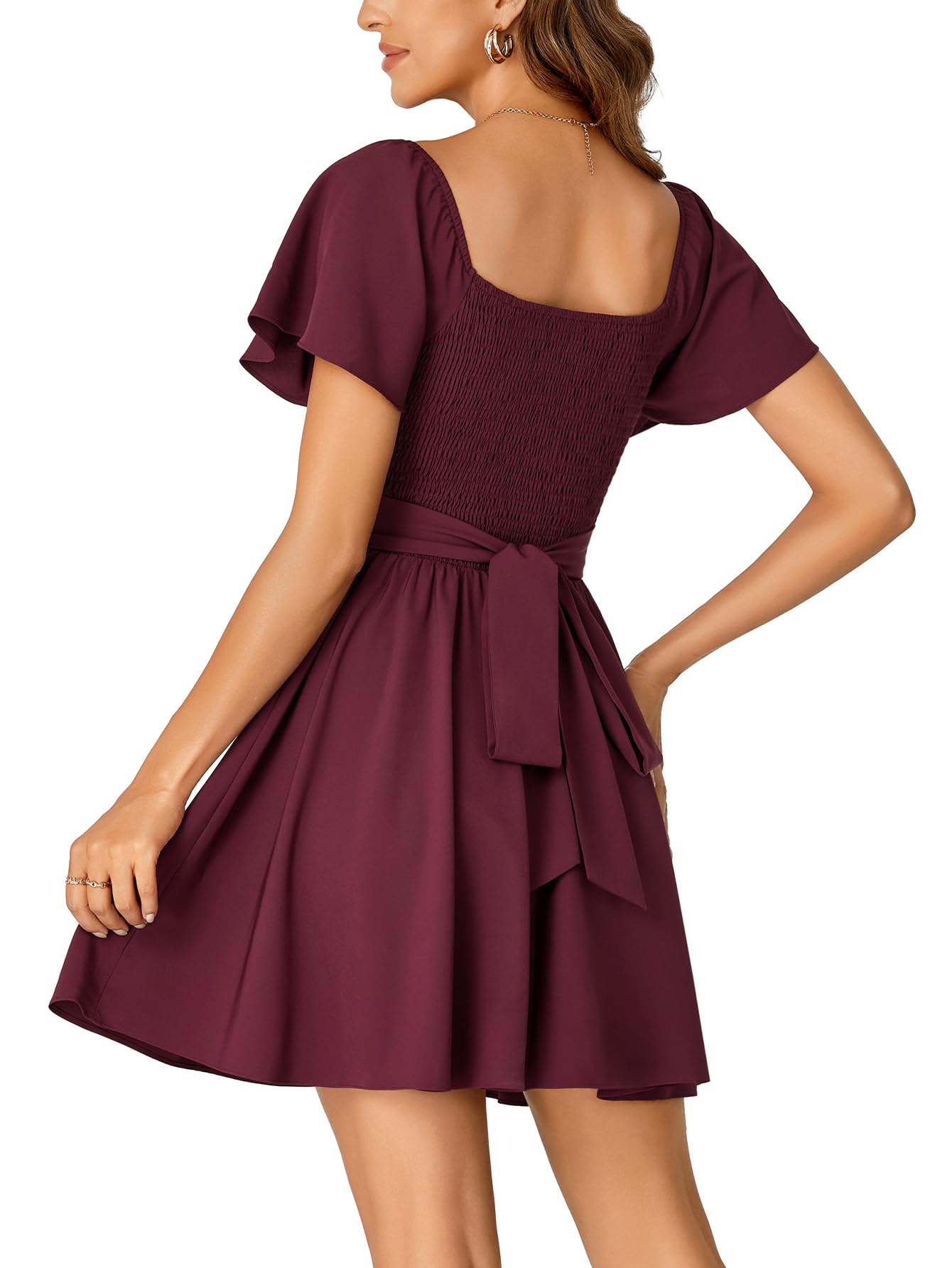 Rooscier Women's Tie Back Square Neck Wrap Ruffle Short Sleeve Flare Mini Dress Wine Red Medium