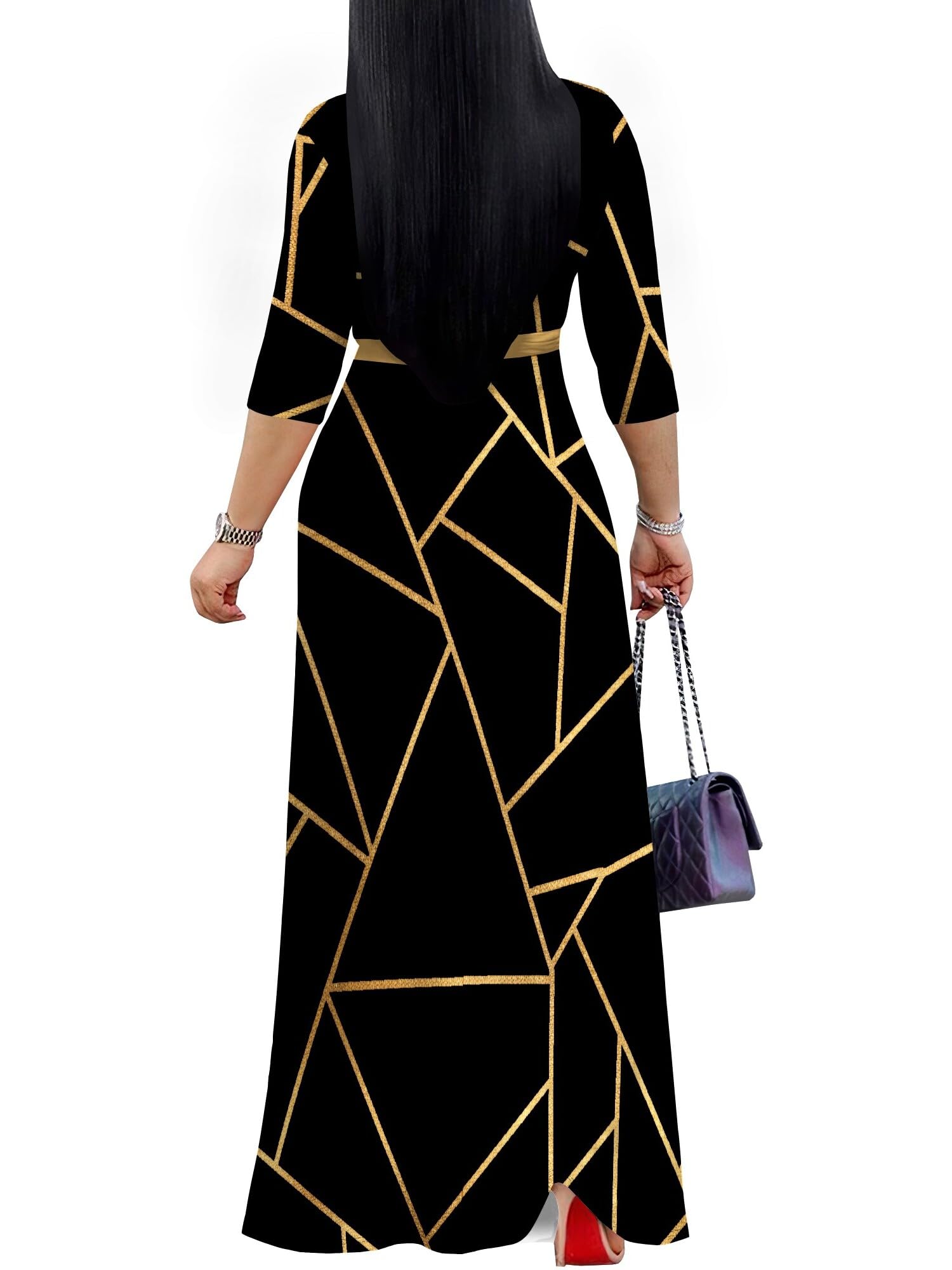 PinkPatty Plus Size Maxi Dress for Women 3/4 Sleeve V Neck Long Dress Casual Party Sundress with Belt (A-Gold-Striped Patchwork/Black 2XL)