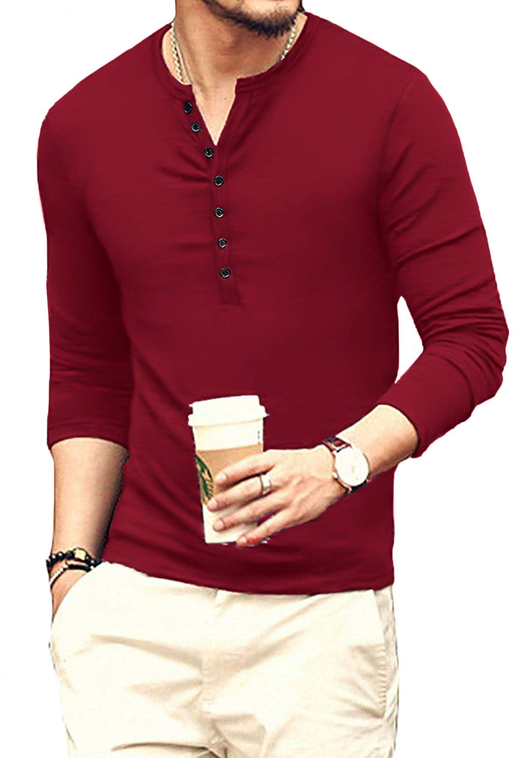 YTD Mens Casual Slim Fit Basic Henley Long Sleeve Fashion T-Shirt XXL Wine Red