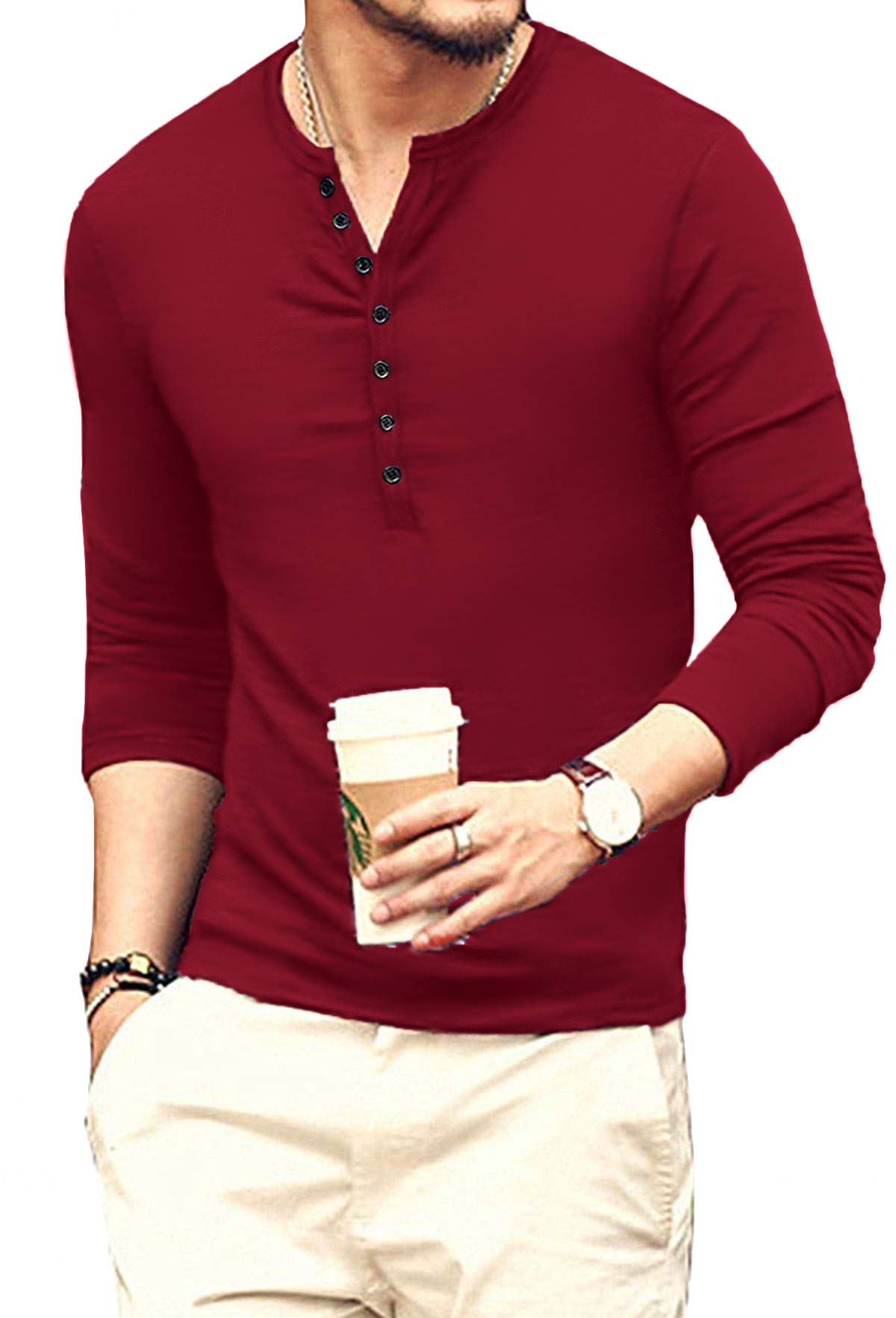 YTD Mens Casual Slim Fit Basic Henley Long Sleeve Fashion T-Shirt XXL Wine Red
