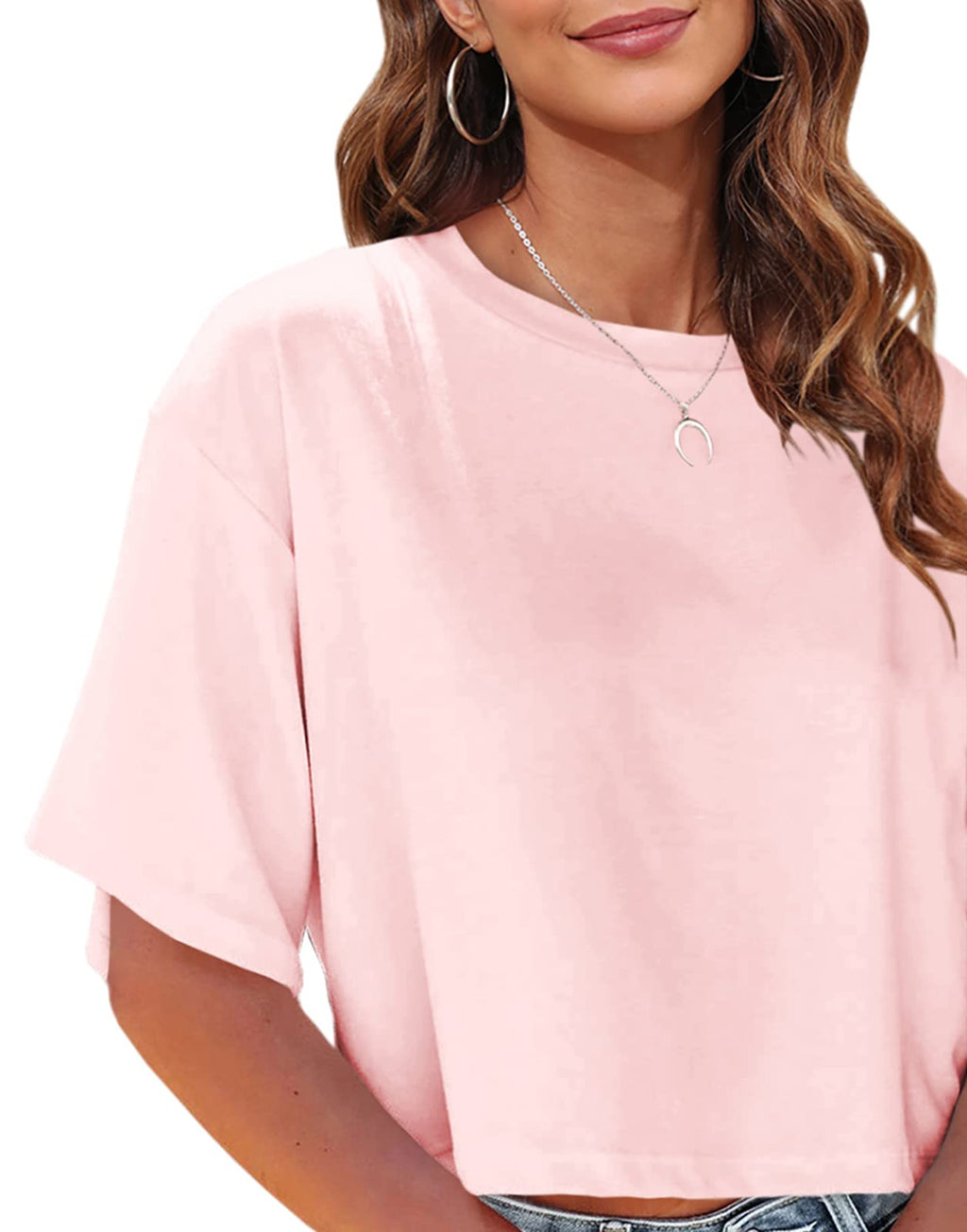 Tankaneo Women Half Sleeve Cropped T-Shirts Drop Shoulder Round Neck Crop Tops Casual Summer Solid Color Basic Tees