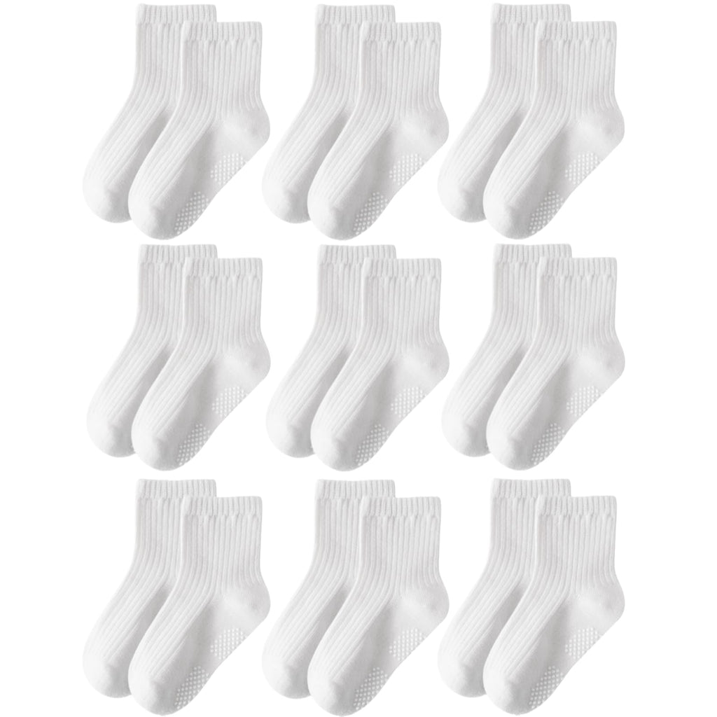 EUFANCE Toddler Grip Socks Non Slip Crew Cute Seamless Cotton Socks for Baby Boys Girls Infants Kids White 9 Pairs