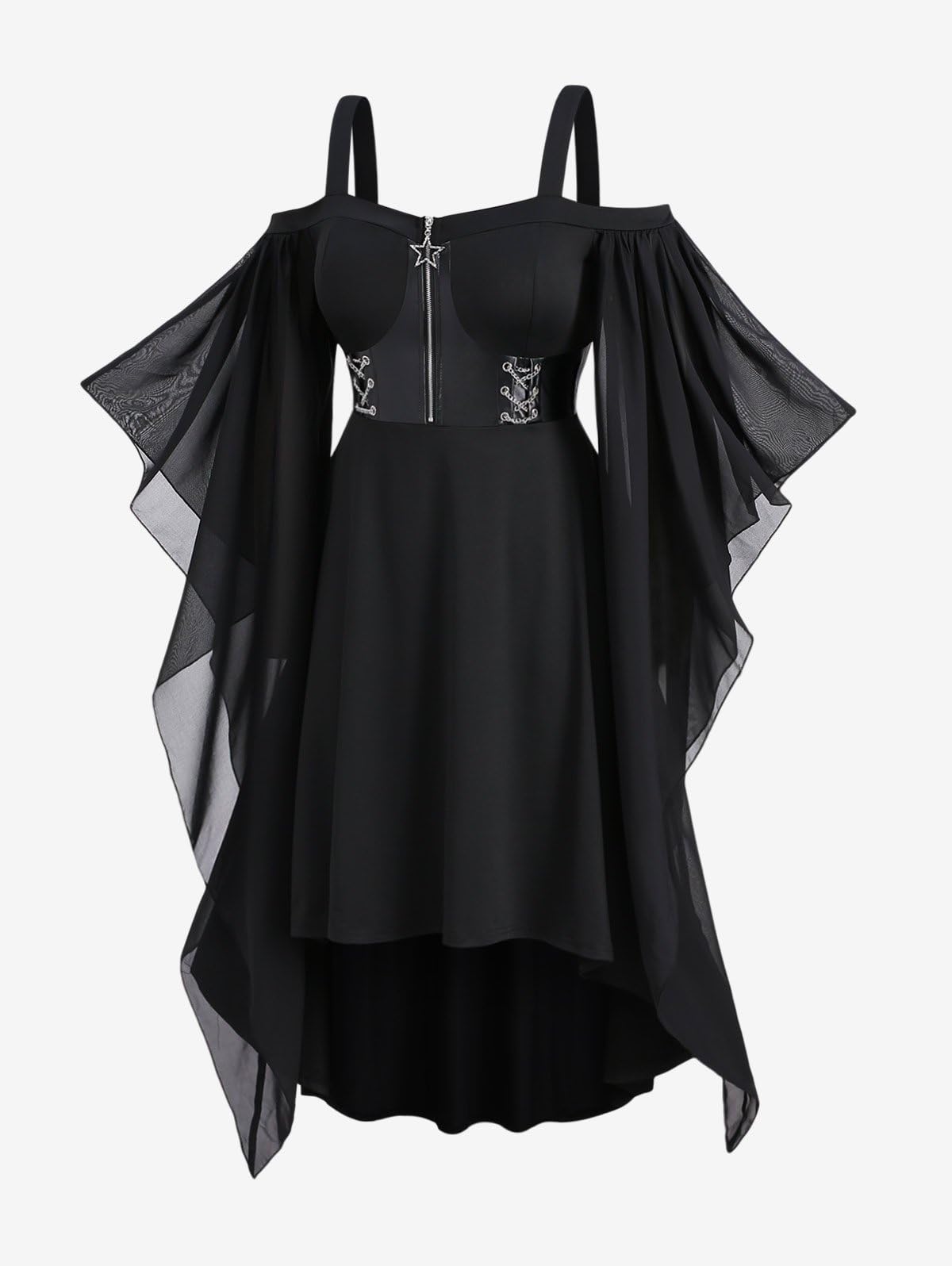ROSE GAL Womens Plus Size Victorian Gothic Halloween Witch Renaissance Medieval Costume Cold Shoulder Chiffon Trumpet Sleeves Half Zip Vintage Bustier Dress(Black_2/L)