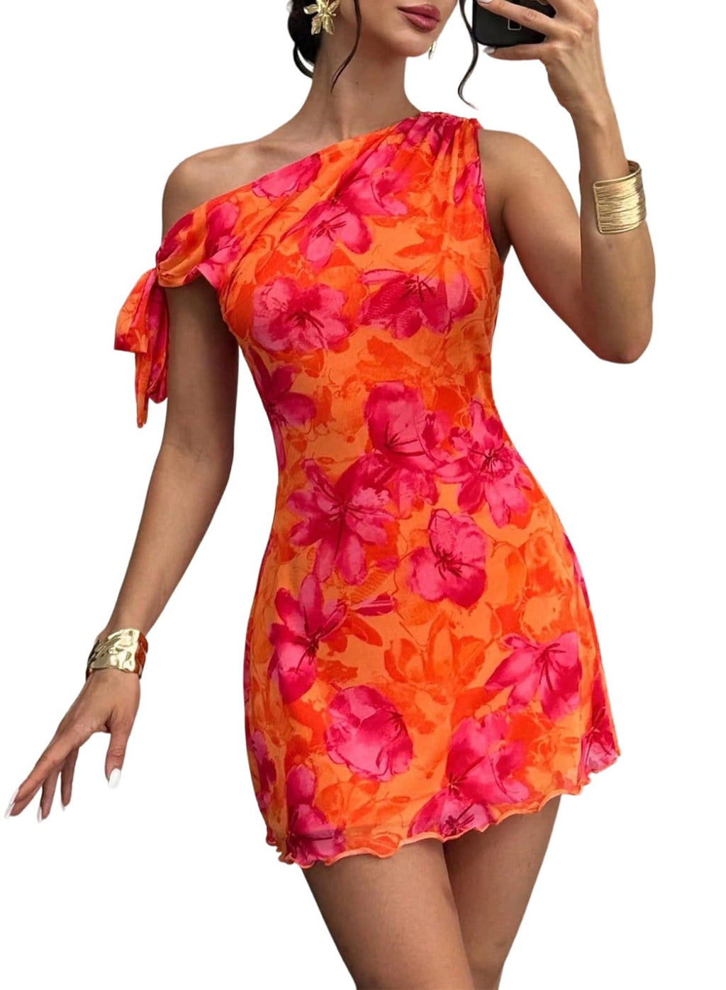 Acelitt Women's Fashion 2026 Summer Floral Off Shoulder Bodycon Dress Cocktail Party Mini Dresses Orange Medium