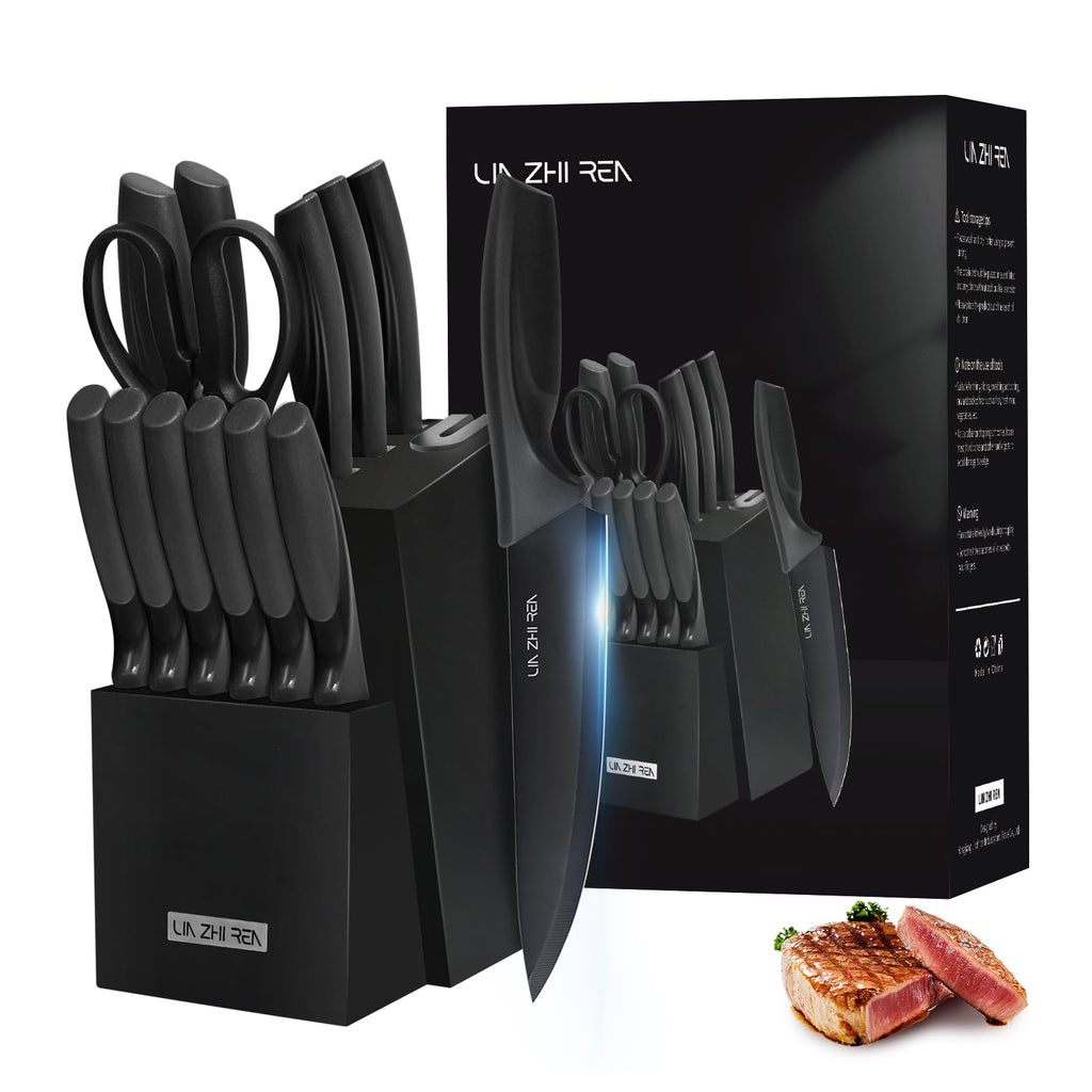 Knife Set, 15 Pieces Kitchen Knife Sets with Block, Built-in Sharpener, Dishwasher Safe, Ergonomic Handle, Knife Block Set for Chopping, Slicing, Dicing & Cutting, Black