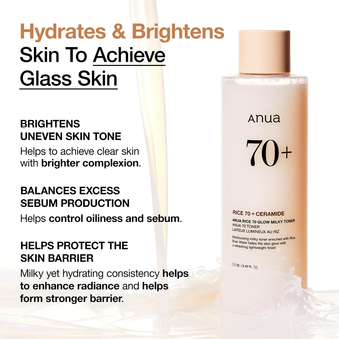 Anua Rice 70 Glow Milky Toner, Glass & Dewy Skin, Hydrating & Barrier Care, Rice Water, Niacinamide, Ceramides, All Skin Types, Fragrance-Free, Non Comedogenic, Korean Skincare, 8.45 fl.oz.