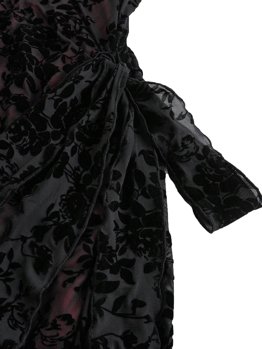 LANSHULAN Red & Black Velvet Slit Fitted Midi Goth Dress,Gothic Vintage Renaissance Halloween Dress