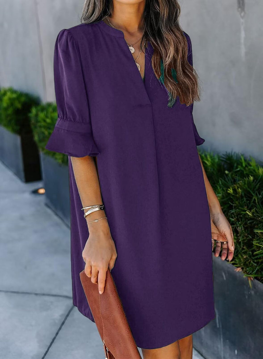 QACOHU Summer Dresses for Women's Summer Tunic V Neck Casual Loose Flowy Swing Shift Dress Purple L
