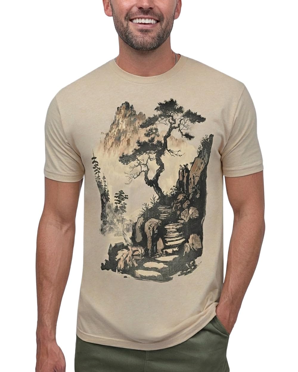 INTO THE AM Tranquil Ascent T-Shirt - Cool Space Design Tees for Men (Cream, 2X-Large)